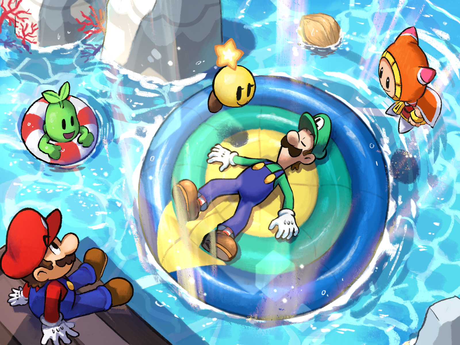 yamari (ya mari 6363), beanish (mario), luigi, mario, prince dreambert, starlow, mario & luigi: dream team, mario & luigi rpg, mario (series), nintendo, highres, 1girl, 3boys, :d, arm support, black eyes, blue overalls, blue pants, brothers, brown hair, brown shoes, cloak, closed eyes, coconut, coral, day, facial hair, gloves, green shirt, hat, hood, hood up, hooded cloak, innertube, long sleeves, looking at another, lying, masanori sato (style), multiple boys, mustache, on back, open mouth, orange cloak, outdoors, overalls, pants, red hat, red shirt, rock, shirt, shoes, short hair, siblings, sitting, smile, solid oval eyes, star (symbol), striped innertube, swim ring, water, white gloves, zipper pull tab
