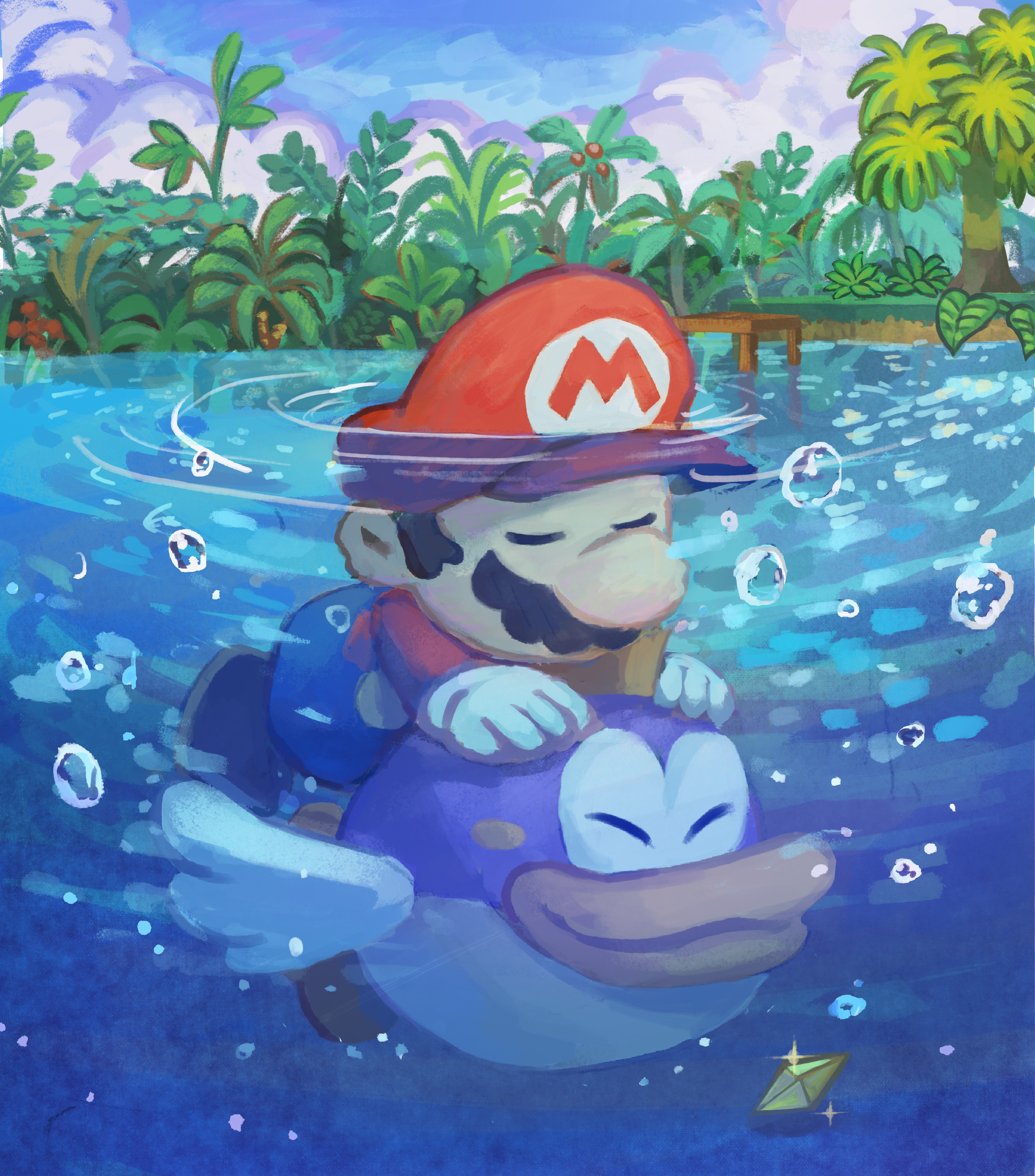 yamari (ya mari 6363), mario, paper mario (character), sushie, mario (series), nintendo, paper mario, paper mario 64, absurdres, highres, 1boy, 1girl, blue sky, bubble, bush, closed eyes, day, facial hair, fish, gem, glint, gloves, hat, leaf, mustache, newsboy cap, outdoors, red hat, sky, sparkle, tree, underwater, water, white gloves