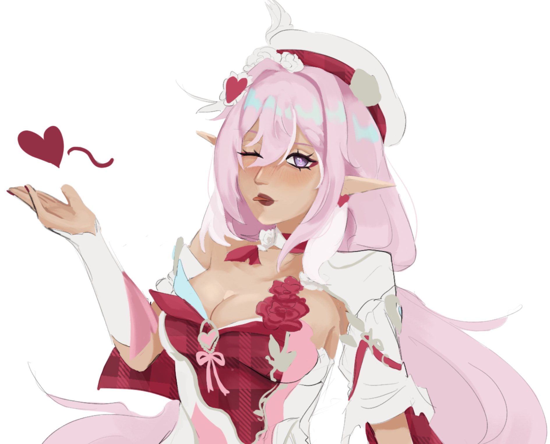 elysia (honkai impact), honkai (series), honkai impact 3rd, commentary, english commentary, highres, 1girl, ;p, alternate skin color, beret, breasts, cleavage, diamond-shaped pupils, diamond (shape), dress, elf, elysia (hi elf of love) (honkai impact), hat, heart, large breasts, long hair, looking at viewer, moonlit orchids, one eye closed, pink hair, pointy ears, purple eyes, red dress, simple background, solo, symbol-shaped pupils, tongue, tongue out, upper body, very long hair, white background, white hat