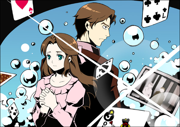 machi ojisan, dallas genoard, eve genoard, baccano!, tengen toppa gurren lagann, bad id, bad pixiv id, 1boy, 1girl, border, lens flare, parody, style parody