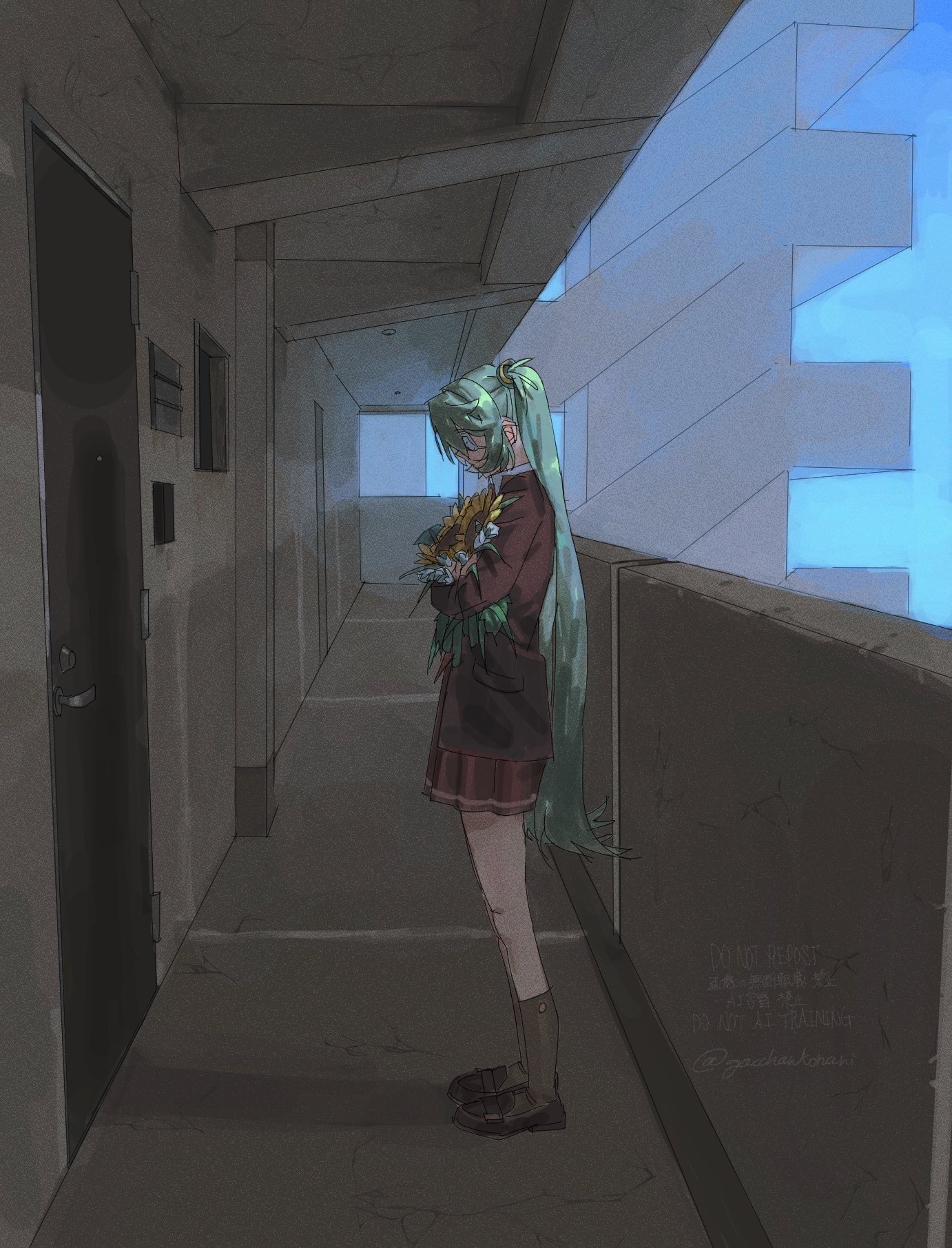 gacchankonari, hatsune miku, monitoring (vocaloid), vocaloid, highres, 1girl, aqua hair, black shoes, black socks, bouquet, brown jacket, brown skirt, collared shirt, door, eyepatch, flower, from side, full body, holding, holding bouquet, jacket, long hair, medical eyepatch, outdoors, pleated skirt, shirt, shoes, skirt, socks, solo, standing, sunflower, twintails, white flower, white shirt
