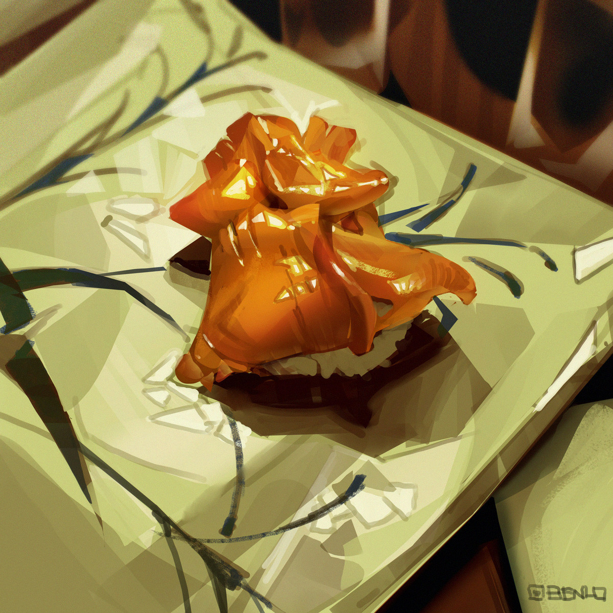 ben lo, original, food request, highres, blurry, blurry background, depth of field, fish (food), food, food focus, nigirizushi, no humans, painterly, rice, sushi