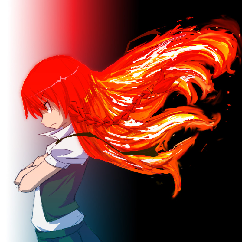 hong meiling, nono (top wo nerae 2!), top wo nerae! (series), top wo nerae 2!, touhou, braid, crossed arms, crossover, fiery hair, fire, parody, red eyes, red hair, solo