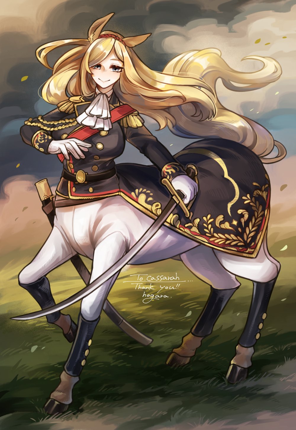 hogara, estelle bellegarde (cassarah), original, commentary, commission, english commentary, highres, second-party source, skeb commission, 1girl, :>, aiguillette, animal ears, ascot, belt, black belt, black coat, blonde hair, blue eyes, bodysuit, breasts, buttons, centaur, coat, double-breasted, epaulettes, floating hair, fringe trim, full body, gloves, gold trim, grass, holding, holding sword, holding weapon, hooves, horse ears, horse tail, large breasts, long hair, long sleeves, military coat, military uniform, monster girl, outdoors, parted bangs, red sash, sash, scabbard, sheath, shoulder sash, solo, standing on three legs, sword, tail, taur, weapon, white ascot, white bodysuit, white gloves, wind, yellow tail