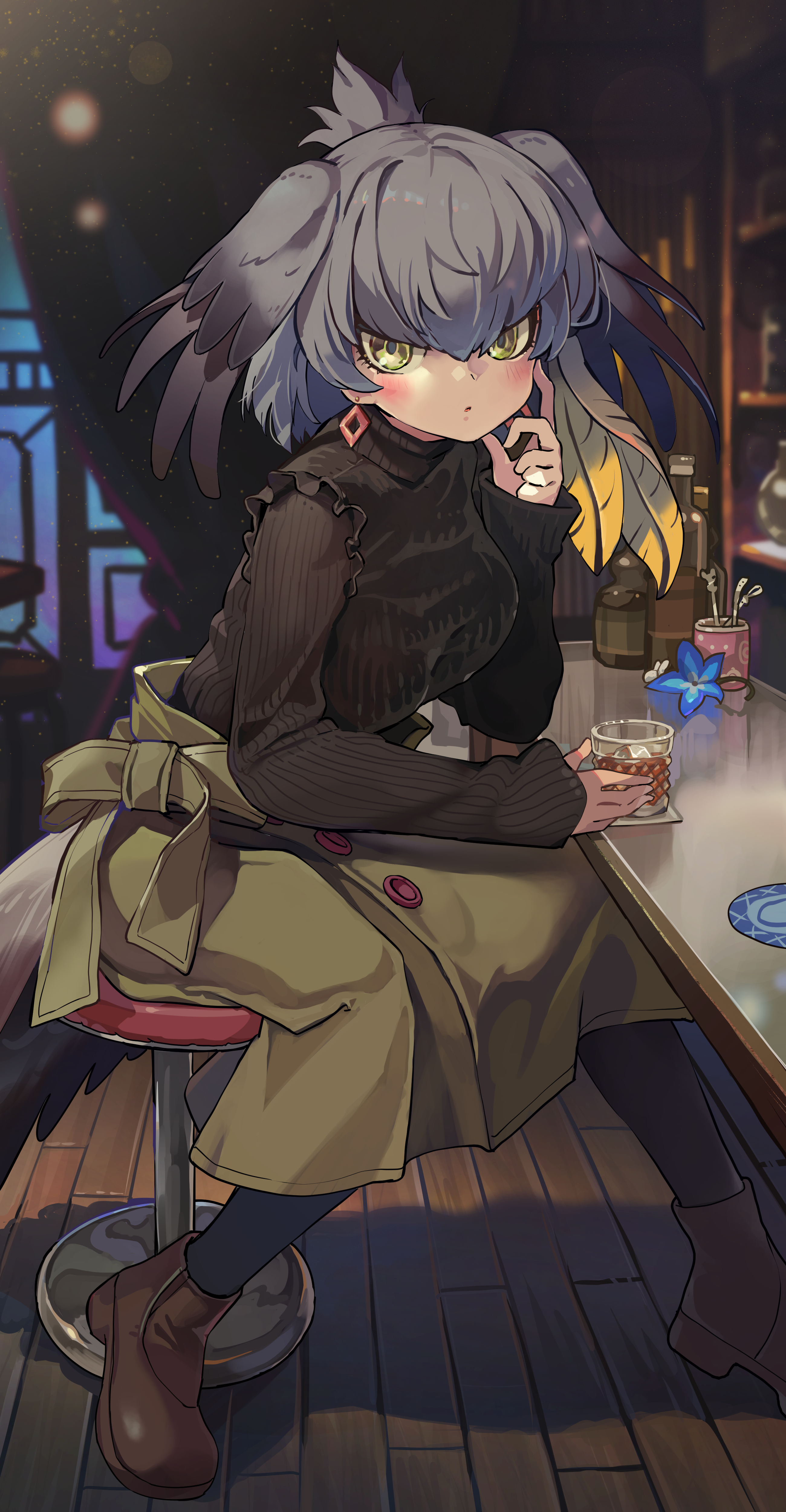 melaton, shoebill (kemono friends), kemono friends, absurdres, commentary, highres, 1girl, alcohol, alternate costume, bar (place), bar stool, bird tail, blue flower, blush, breasts, brown shoes, brown sweater, contemporary, cup, drink, drinking glass, earrings, feathers, finger to cheek, flower, frills, glass, grey hair, hair between eyes, hand up, head wings, holding, holding cup, ice, ice cube, index finger raised, indoors, jewelry, large breasts, long sleeves, looking at viewer, medium hair, multicolored hair, ribbed sweater, shoes, sidelocks, sitting, sleeves past wrists, solo, stool, sweater, tail, turtleneck, turtleneck sweater, wings, yellow eyes