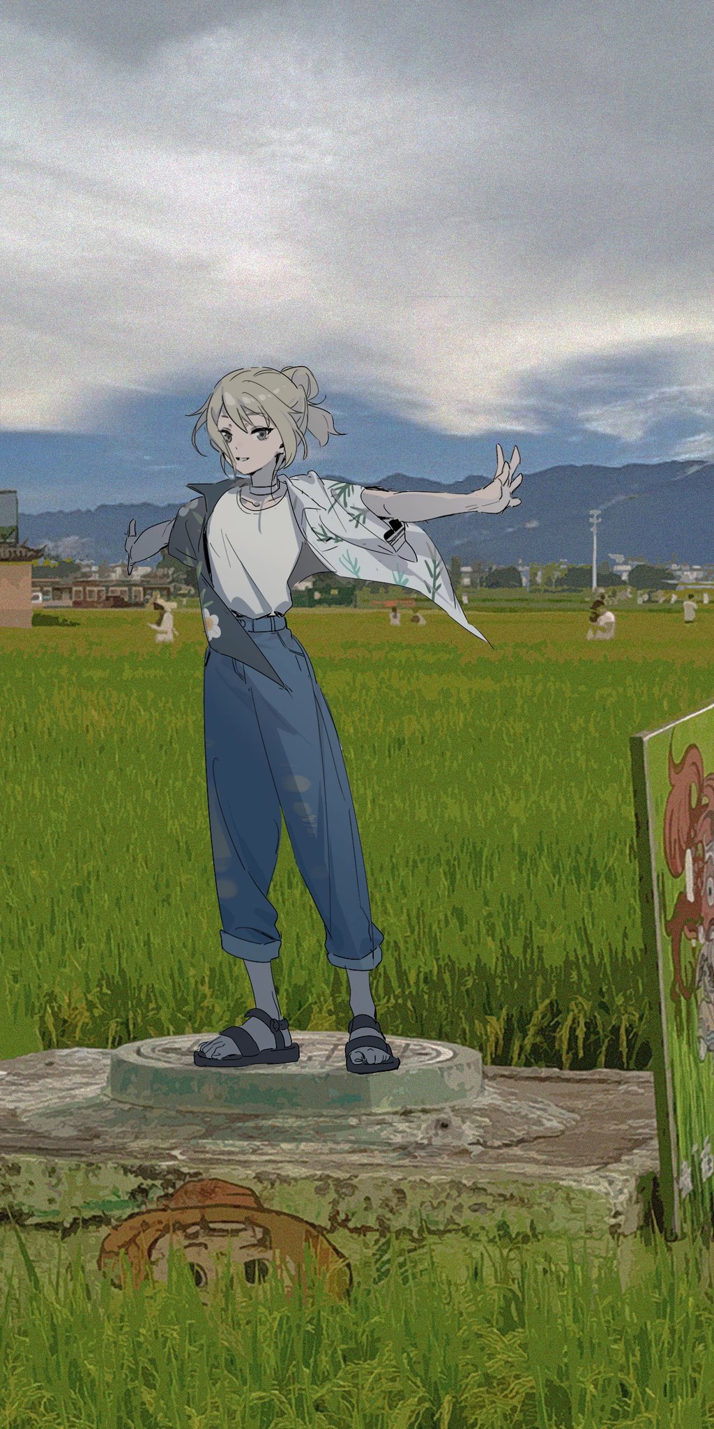 inseki11, kawaragi momoka, girls band cry, chinese commentary, commentary request, highres, 1girl, blue pants, folded ponytail, grey hair, jacket, outstretched arms, pants, photo background, real world location, rice paddy, sandals, shirt, short hair, solo focus, spread arms, white jacket, white shirt, wide shot