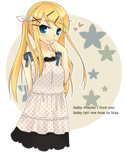 tamura hiro, kagamine rin, vocaloid, alternate hair length, alternate hairstyle, arm behind back, blonde hair, blue eyes, blush, dress, english text, engrish text, female focus, hair ornament, hairclip, heart, long hair, looking at viewer, polka dot, ranguage, solo, twintails