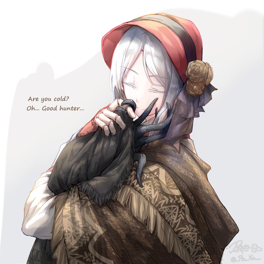 pin.s, hunter (great one) (bloodborne), plain doll, bloodborne, bonnet, closed eyes, doll, doll joints, dress, grey hair, hug, joints, light smile