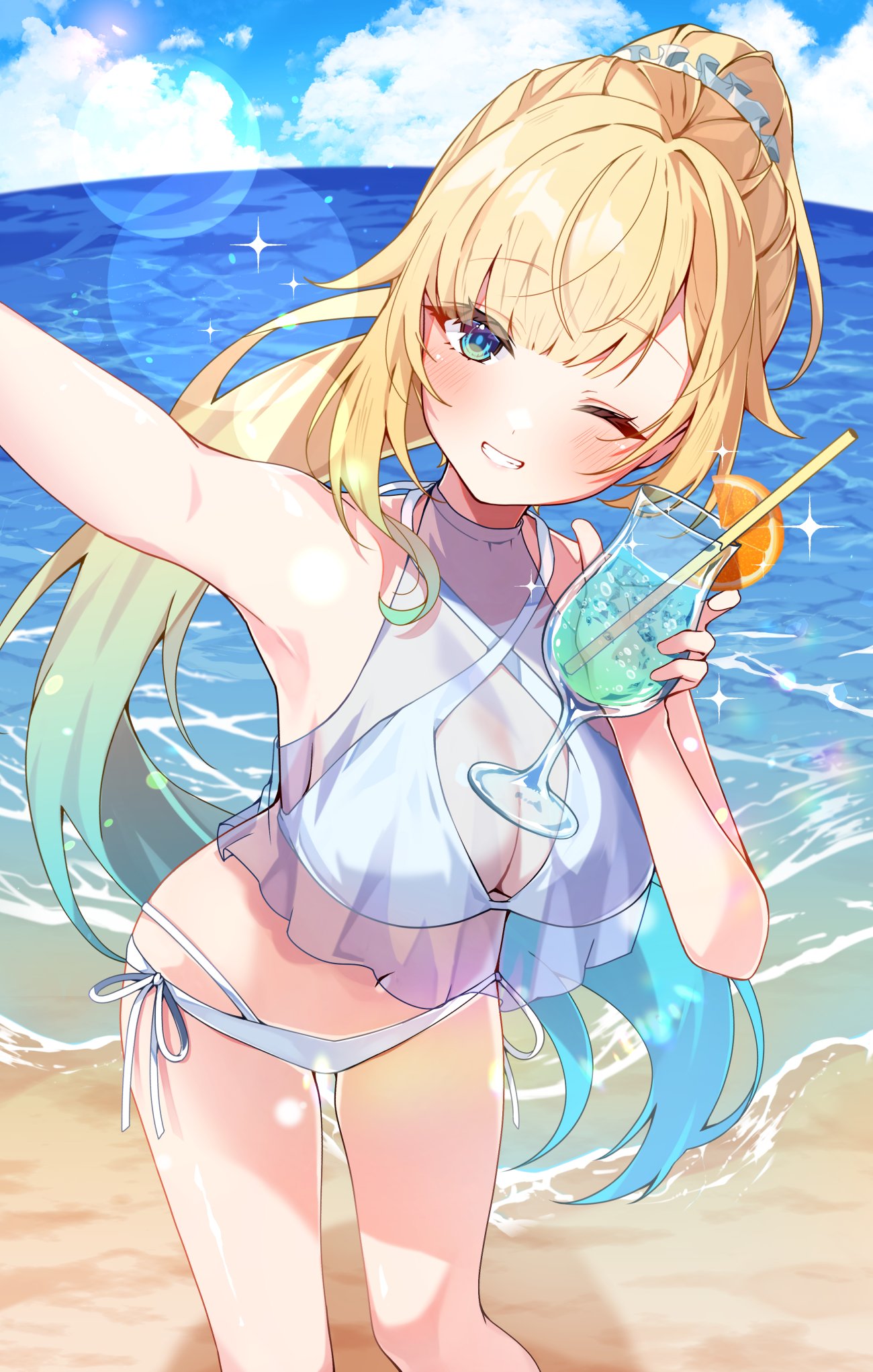yukijirushi e, aizawa ema, vspo!, commentary request, highres, 1girl, arms up, bikini, blonde hair, blue eyes, blue hair, blush, breasts, cleavage, cloud, cup, day, dot nose, drink, drinking glass, drinking straw, food, fruit, glass, gradient hair, green hair, holding, holding cup, large breasts, long hair, multicolored hair, ocean, one eye closed, orange (fruit), orange slice, outdoors, parted bangs, parted lips, poco grande glass, ponytail, sand, see-through clothes, selfie, sidelocks, smile, solo, standing, swimsuit, teeth, white bikini