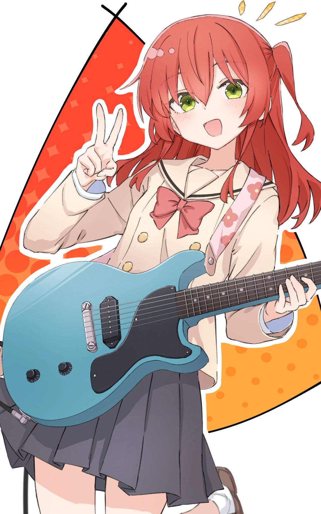ryuga (balius), kita ikuyo, bocchi the rock!, commentary, highres, 1girl, bow, bowtie, brown sailor collar, brown shirt, electric guitar, green eyes, grey skirt, guitar, hair between eyes, holding, holding guitar, holding instrument, instrument, long hair, one-piece swimsuit, open mouth, outline, pleated skirt, red bow, red bowtie, red hair, sailor collar, school uniform, serafuku, shirt, shuka high school uniform, skirt, solo, swimsuit, v, white outline
