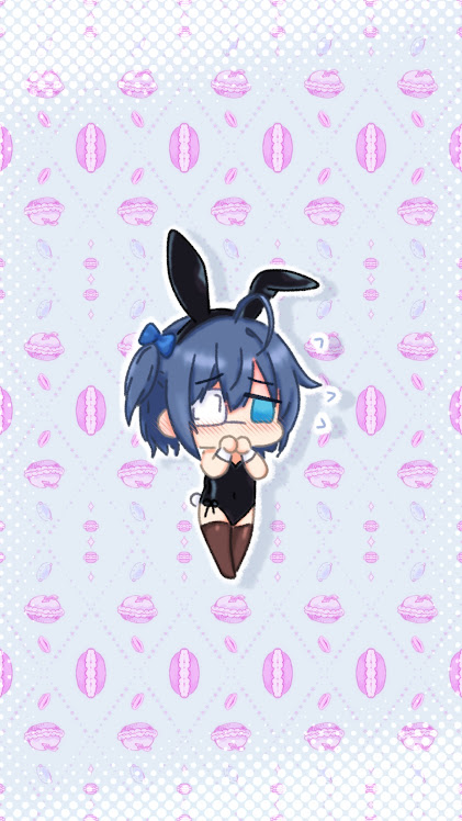 takanashi rikka, chuunibyou demo koi ga shitai!, 1girl, ahoge, alternate costume, animal ears, black hair, black leotard, blue bow, blue eyes, blush, bow, brown thighhighs, chibi, eyepatch, fake animal ears, full body, hair between eyes, hair bow, inazumi art, leotard, medical eyepatch, playboy bunny, rabbit ears, solo, thighhighs, wrist cuffs