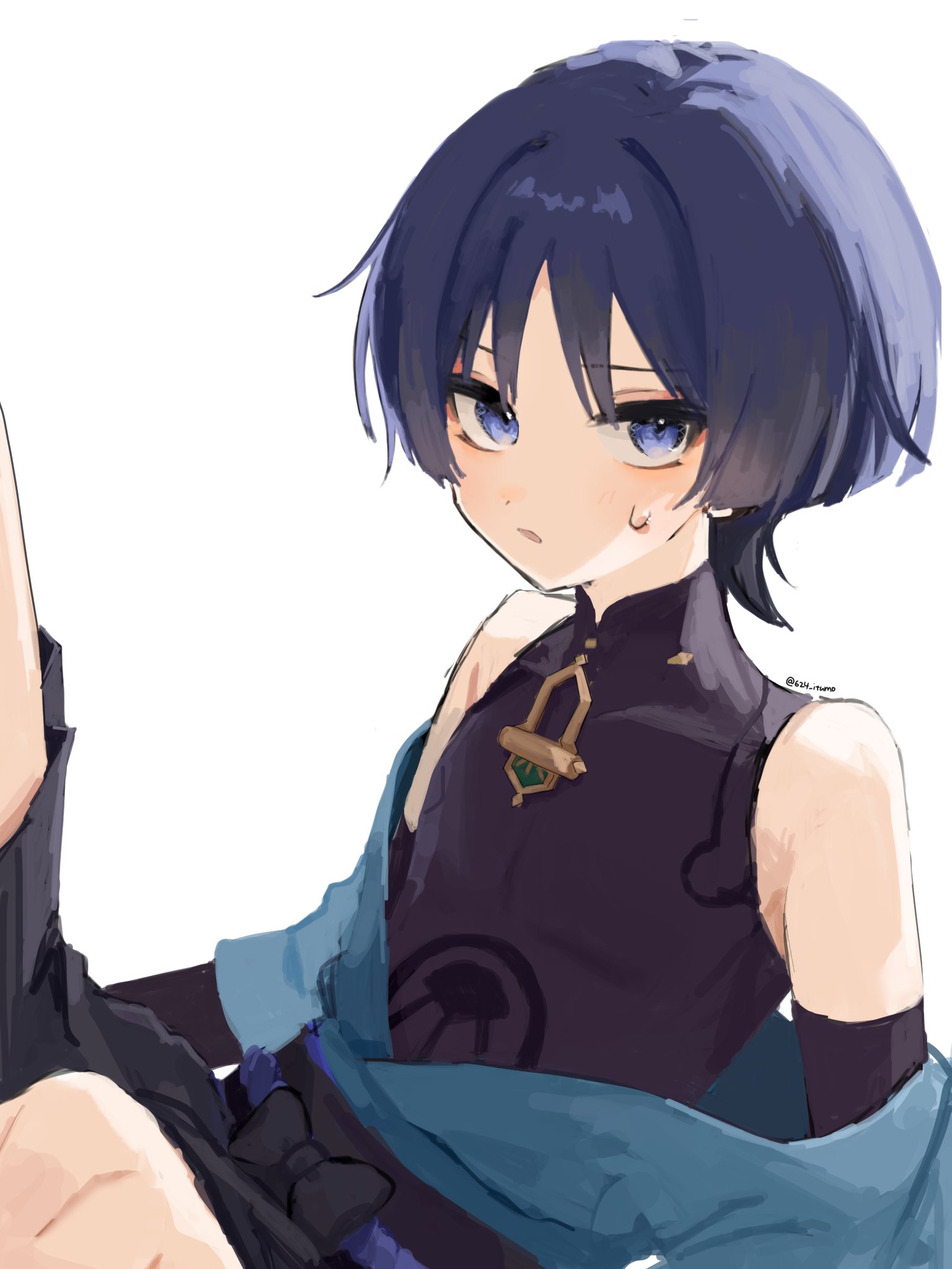 scaramouche (genshin impact), wanderer (genshin impact), genshin impact, highres, 1boy, 624 itumo, bare shoulders, belt, black belt, black bodysuit, black bow, black hair, black shorts, blue eyes, blue kimono, blue sleeves, blunt ends, bodysuit, bow, clothes down, eyeliner, eyeshadow, japanese clothes, juban, kimono, leg up, looking at viewer, makeup, male focus, mandarin collar, open mouth, parted bangs, purple rope, red eyeliner, red eyeshadow, rope, short sleeves, shorts, solo, sweatdrop, tsurime, twitter username, white background, wispy bangs
