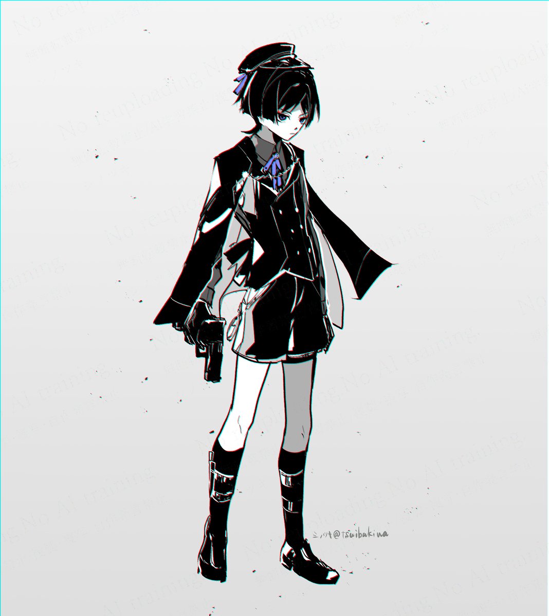 tsuibakiwa, scaramouche (genshin impact), genshin impact, highres, 1boy, aiguillette, alternate costume, arms at sides, blunt ends, capelet, closed mouth, collared shirt, dress shirt, expressionless, eyeliner, eyeshadow, formal clothes, full body, gloves, greyscale, gun, handgun, hat, hat ribbon, holding, holding gun, holding weapon, kneehighs, leg holster, looking at viewer, makeup, male focus, monochrome, peaked cap, purple ribbon, red eyeliner, red eyeshadow, ribbon, shirt, shoes, shorts, socks, solo, spot color, thigh strap, tsurime, twitter username, undershirt, vest, weapon, white background