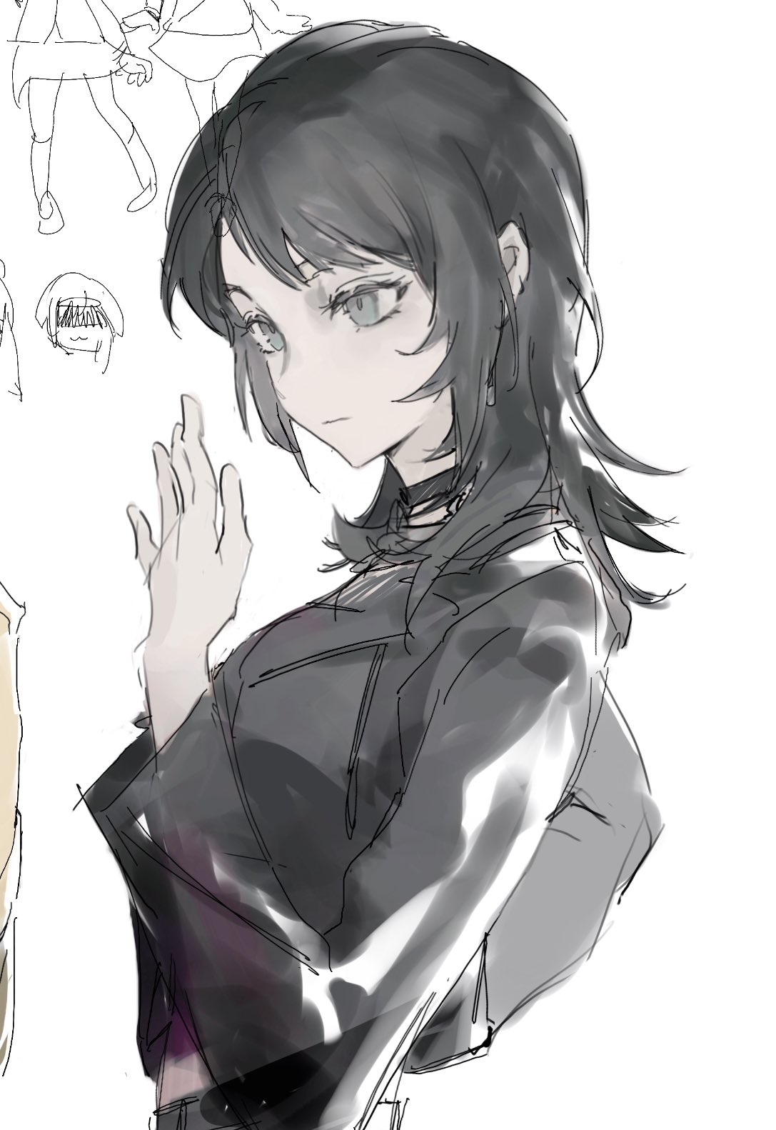 korii1018, yahata umiri, bang dream!, bang dream! it's mygo!!!!!, highres, 1girl, choker, closed mouth, greyscale, jacket, long sleeves, medium hair, monochrome, simple background, solo, upper body, white background
