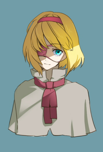 mugishima orie, alice margatroid, touhou, 1girl, blonde hair, blue background, blue eyes, eyepatch, female focus, hair intakes, looking at viewer, necktie, red necktie, shaded face, short hair, simple background, solo, upper body