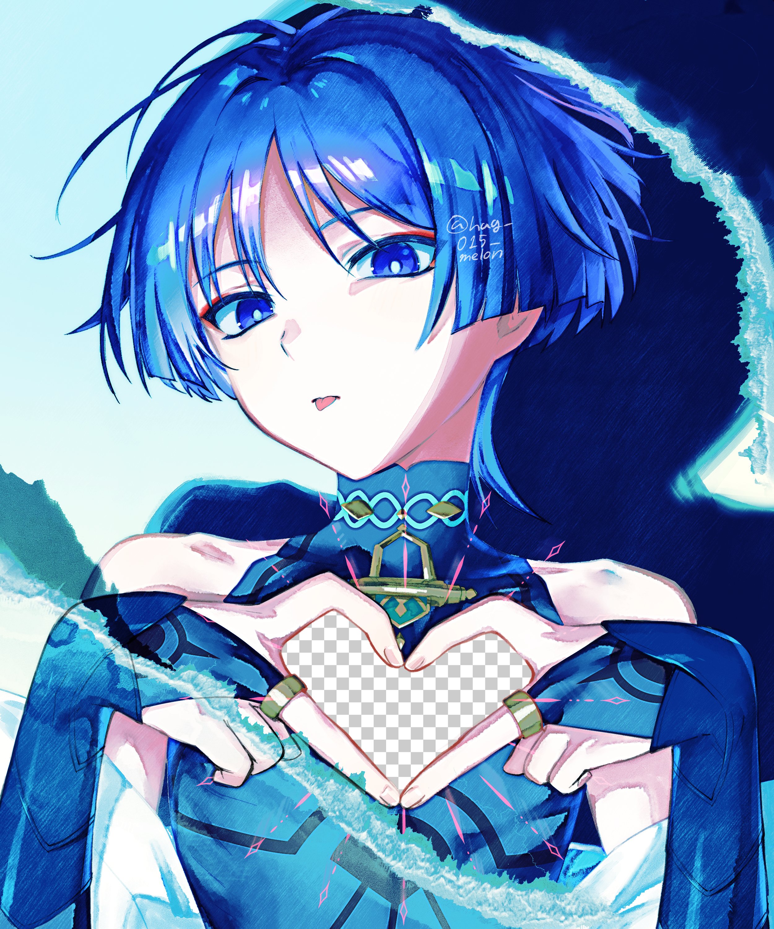 hag (hag 015), scaramouche (genshin impact), wanderer (genshin impact), genshin impact, absurdres, highres, 1boy, armor, bare shoulders, black trim, blue bodysuit, blue bridal gauntlets, blue eyes, blunt ends, bodysuit, bridal gauntlets, covered collarbone, eyeliner, eyeshadow, four-finger heart hands, gold ring, hands up, heart, heart hands, japanese armor, kote, looking at viewer, makeup, male focus, mandarin collar, middle ring, multicolored hair, parted bangs, purple hair, red eyeliner, red eyeshadow, solo, streaked hair, tongue, tongue out, tsurime, twitter username, upper body, white hair