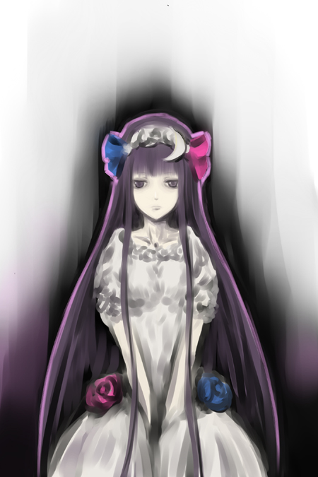 nabeshima tetsuhiro, patchouli knowledge, touhou, 1girl, blunt bangs, crescent, dress, expressionless, female focus, hat, long hair, pale skin, solo, v arms, very long hair
