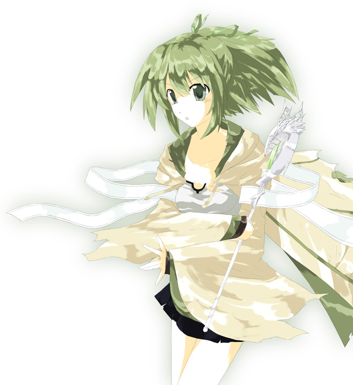 familiar-possessed – wynn, wynn (yu-gi-oh!), wynn the wind charmer, yu-gi-oh!, yu-gi-oh! duel monsters, 1girl, duel monster, female focus, green eyes, green hair, hair ribbon, jacket, matching hair/eyes, open mouth, ponytail, ribbon, skirt, solo, staff