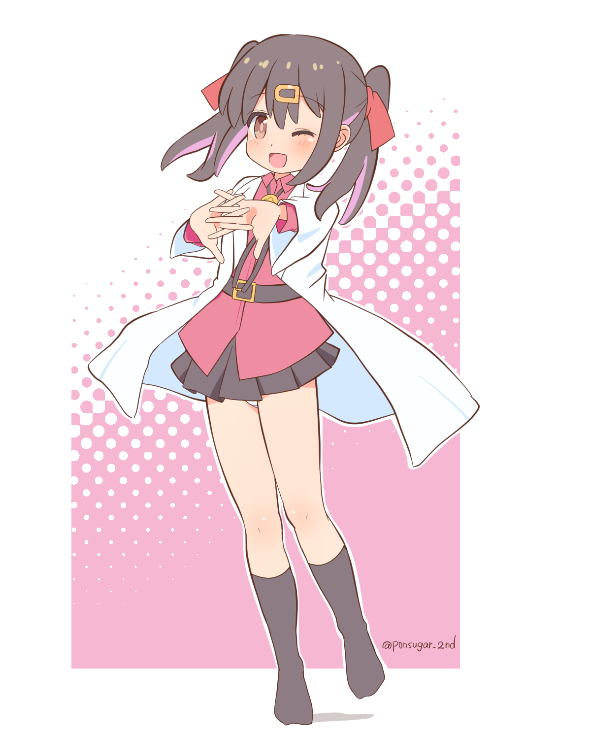 pon sugar, oyama mihari, onii-chan wa oshimai!, commentary, highres, 1girl, ;d, artist name, bare legs, belt, black hair, black skirt, black socks, blush, bolo tie, brown eyes, full body, hair ornament, hair ribbon, hairclip, interlocked fingers, lab coat, long hair, long sleeves, looking at viewer, miniskirt, multicolored hair, no shoes, one eye closed, open mouth, outline, panties, pink background, pleated skirt, purple hair, red ribbon, red shirt, ribbon, shirt, simple background, skirt, smile, socks, solo, standing, twintails, twitter username, two-tone background, two-tone hair, underwear, untucked shirt, white background, white outline, white panties