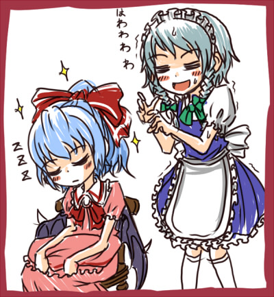 emu (artist), emu (toran), izayoi sakuya, remilia scarlet, touhou, lowres, 2girls, blush, bow, dress, female focus, hair bow, maid, multiple girls, sleeping, white background