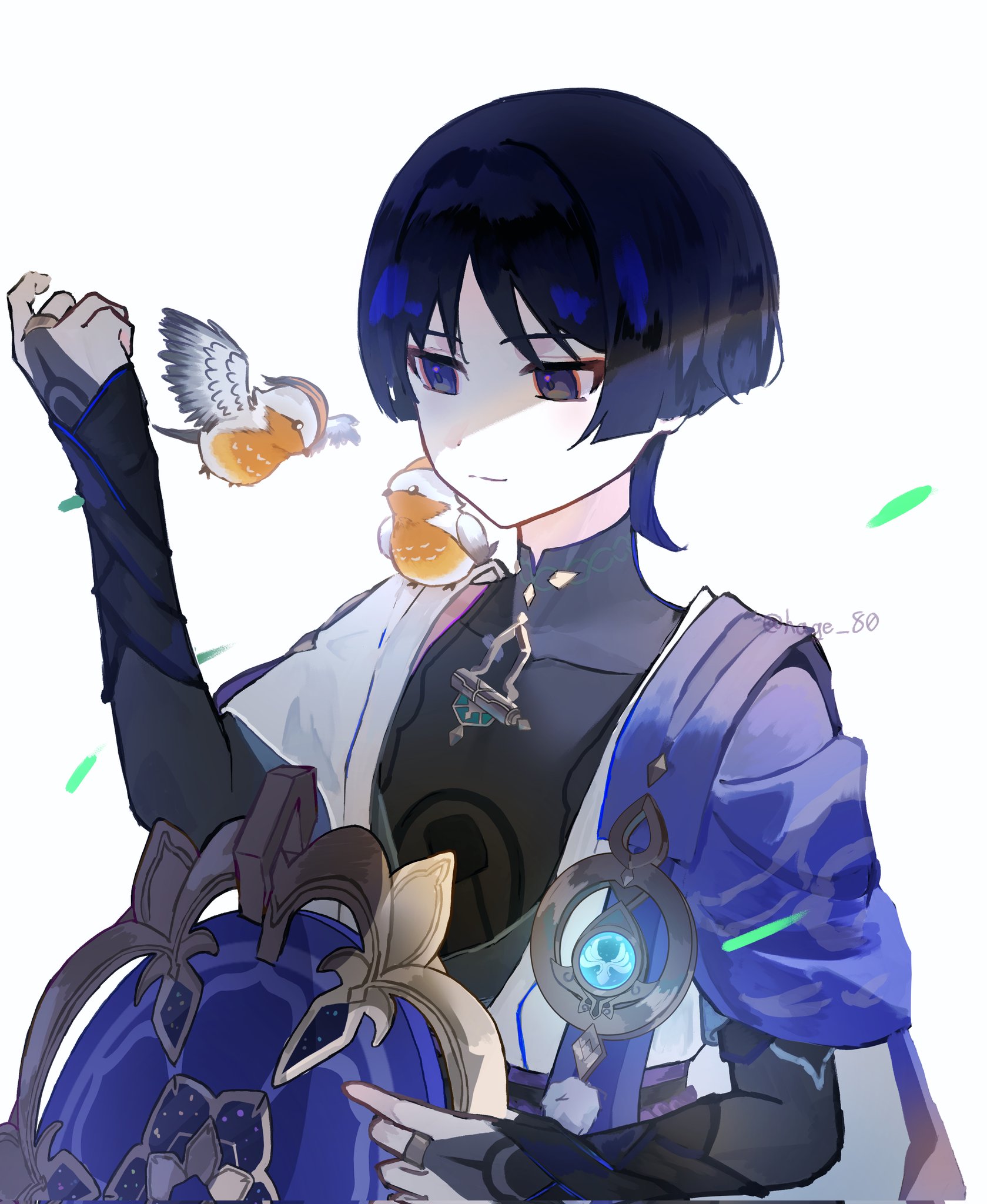 scaramouche (genshin impact), wanderer (genshin impact), genshin impact, highres, 1boy, anemo symbol (genshin impact), animal, animal on shoulder, armor, bell, bird, bird on shoulder, black bodysuit, black bow, black bridal gauntlets, black eyes, black hair, blue hat, blunt ends, bodysuit, bow, bridal gauntlets, covered collarbone, eyeliner, eyeshadow, finch, furisode, glowing gem, gold, gold ring, grey kimono, hage 80, hand up, hat, holding, holding unworn clothes, holding unworn hat, japanese armor, japanese clothes, jingle bell, juban, kimono, kote, kurokote, looking at animal, makeup, male focus, middle ring, multicolored hair, open clothes, open kimono, pale skin, parted bangs, pom pom (clothes), purple hair, purple rope, purple sash, red eyeliner, red eyeshadow, rope, sash, shoulder peek, solo, streaked hair, tsurime, twitter username, unworn hat, unworn headwear, upper body, vision (genshin impact), white background, white kimono, wispy bangs