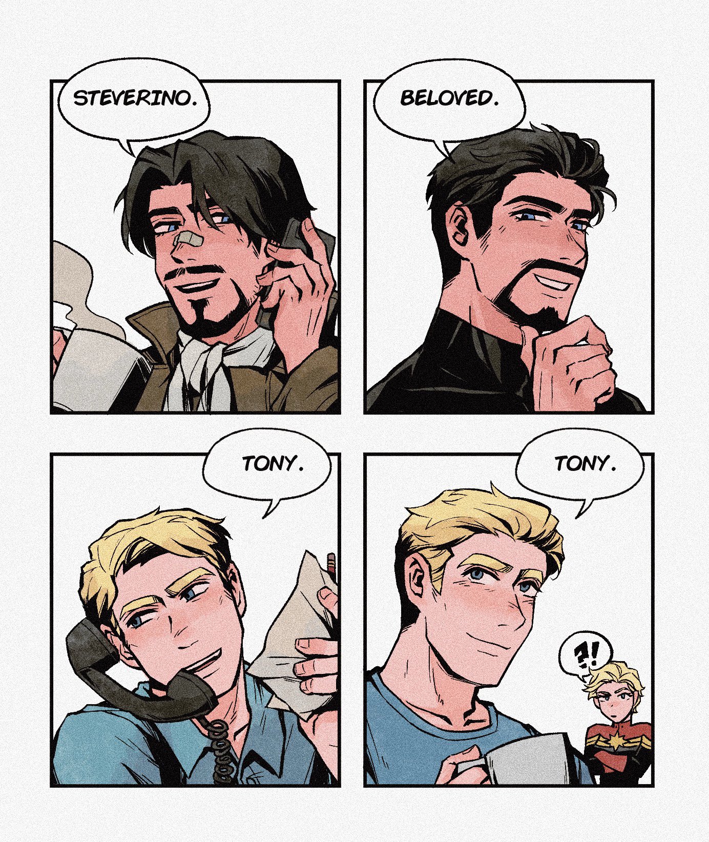 weibo 7899261198, captain marvel, carol danvers, steve rogers, tony stark, avengers (series), marvel, highres, !?, 1girl, 2boys, ascot, bandaid, bandaid on face, bandaid on nose, black bodysuit, black hair, blonde hair, blue eyes, blue shirt, blush, bodysuit, border, brown jacket, buttons, cellphone, closed mouth, collarbone, collared shirt, crossed arms, cup, english text, facial hair, fingernails, hand on own chin, hand up, holding, holding cup, holding paper, holding phone, jacket, looking at animal, looking at another, looking at object, looking at viewer, multiple boys, multiple views, open mouth, paper, phone, red bodysuit, shirt, short hair, simple background, smartphone, smile, speech bubble, star (symbol), star print, superhero costume, t-shirt, talking on phone, two-tone bodysuit, upper body, very short hair, white ascot, white background, white border, white shirt