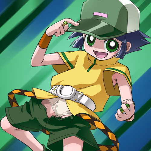 haruyama kazunori, matsubara kaoru, powered buttercup, powerpuff girls, powerpuff girls z, lowres, third-party edit, 00s, 1girl, armpit peek, belt, briefs, female focus, green eyes, hat, male underwear, panties, pantyshot, solo, underwear