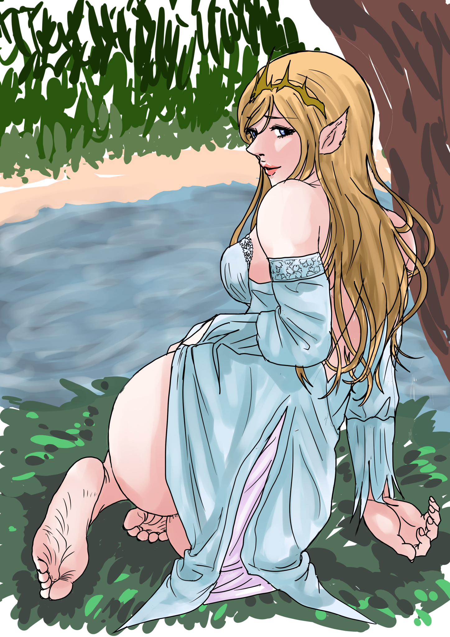 rohittsa, highres, 1girl, ass, barefoot, blonde hair, blue eyes, feet, long hair, looking at viewer, parted lips, pointy ears, soles, toes