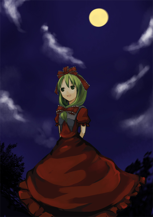 ruit, kagiyama hina, touhou, 1girl, arms behind back, collar, dress, female focus, frills, front ponytail, full moon, green eyes, green hair, matching hair/eyes, moon, night, night sky, outdoors, puffy short sleeves, puffy sleeves, red dress, shawl, short hair, short sleeves, sky, solo, standing