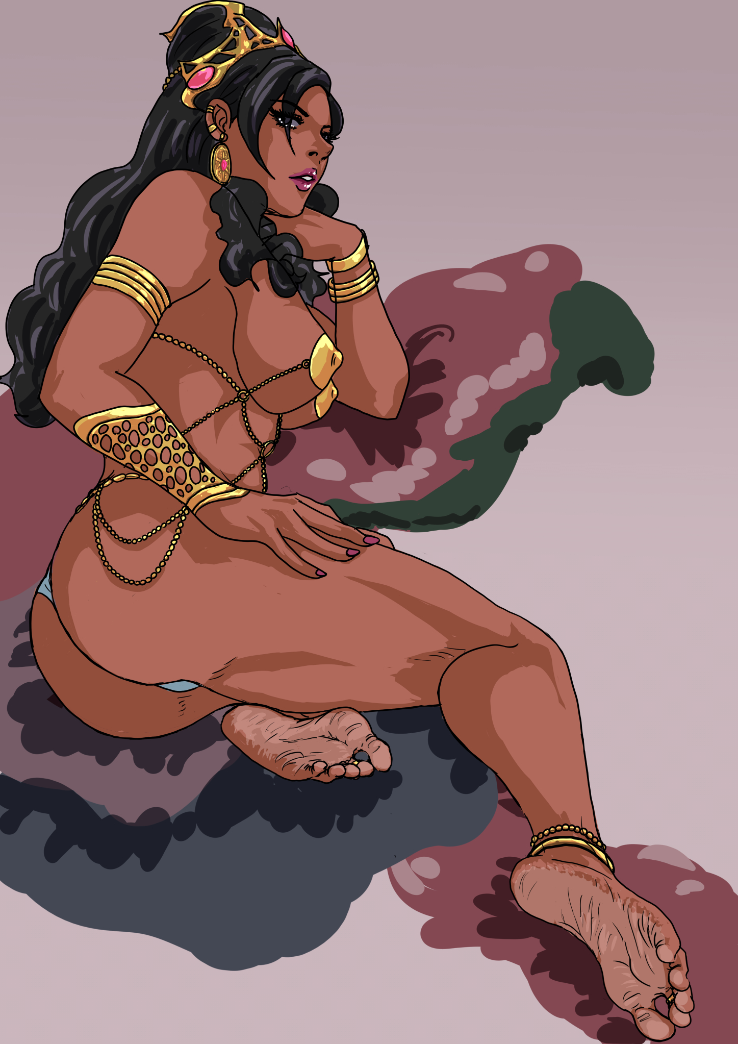 rohittsa, highres, 1girl, anklet, armlet, barefoot, black eyes, black hair, bracelet, dark-skinned female, dark skin, feet, jewelry, long hair, looking at viewer, parted lips, soles, toes