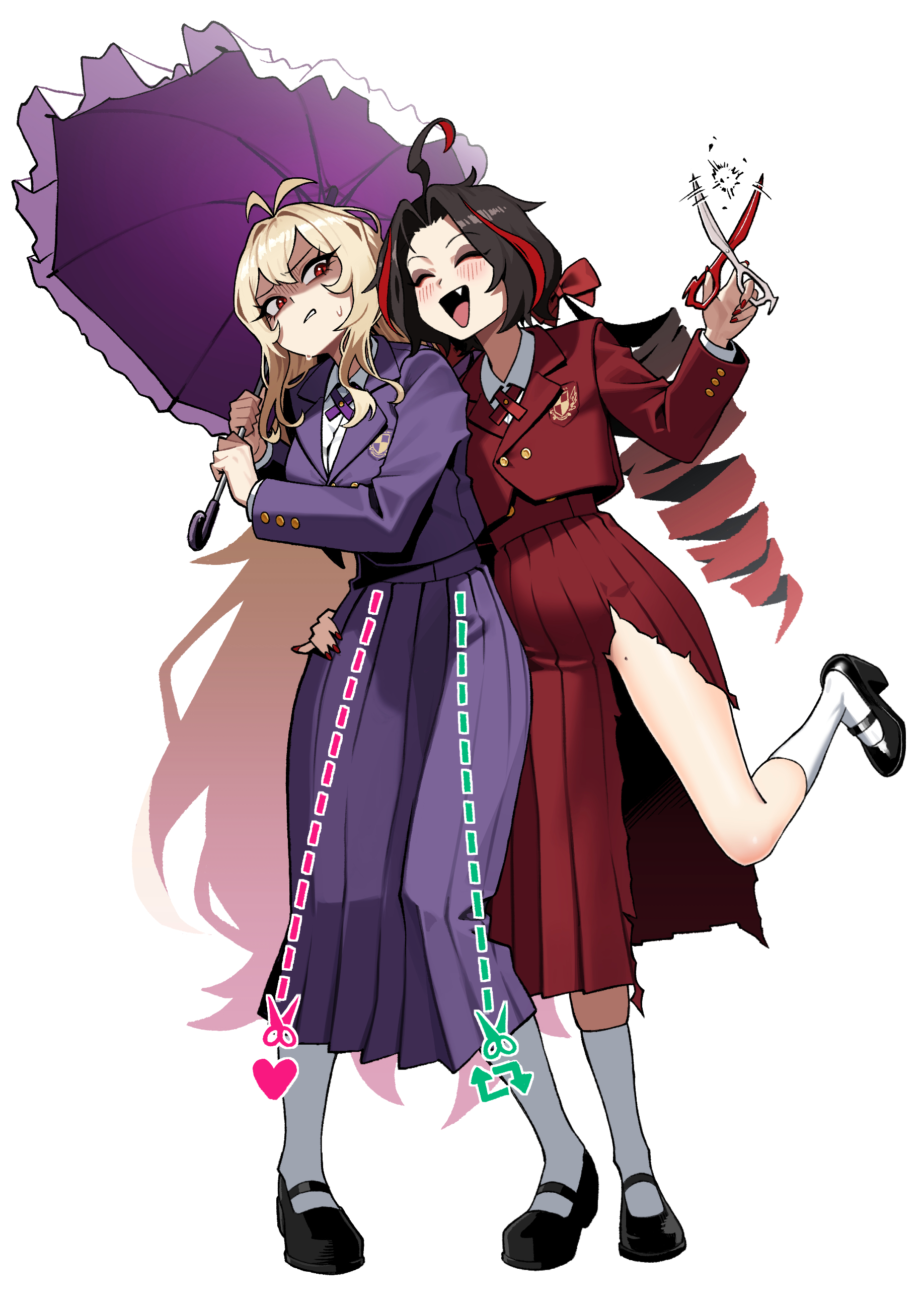 yaritoo, dulcinea (project moon), nicolina (project moon), limbus company, project moon, absurdres, highres, 2girls, :d, ahoge, alternate costume, antenna hair, black hair, black shoes, blonde hair, bow, closed eyes, drill hair, eyeshadow, fang, frilled umbrella, frills, full body, grey eyeshadow, holding, holding scissors, holding umbrella, jacket, long hair, looking at another, makeup, multicolored hair, multiple girls, open mouth, parasol, purple jacket, purple skirt, purple umbrella, red bow, red eyes, red hair, red jacket, red skirt, school uniform, scissors, shoes, side slit, simple background, skirt, smile, socks, standing, streaked hair, twin drills, twintails, umbrella, white background, white socks