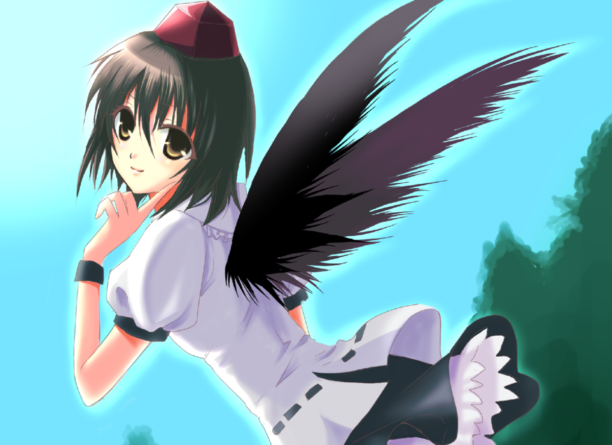 nanami ka zu sa, nanami kazusa, nanamix, shameimaru aya, touhou, bad id, bad pixiv id, 1girl, black hair, black wings, female focus, hat, looking at viewer, short hair, smile, solo, wings