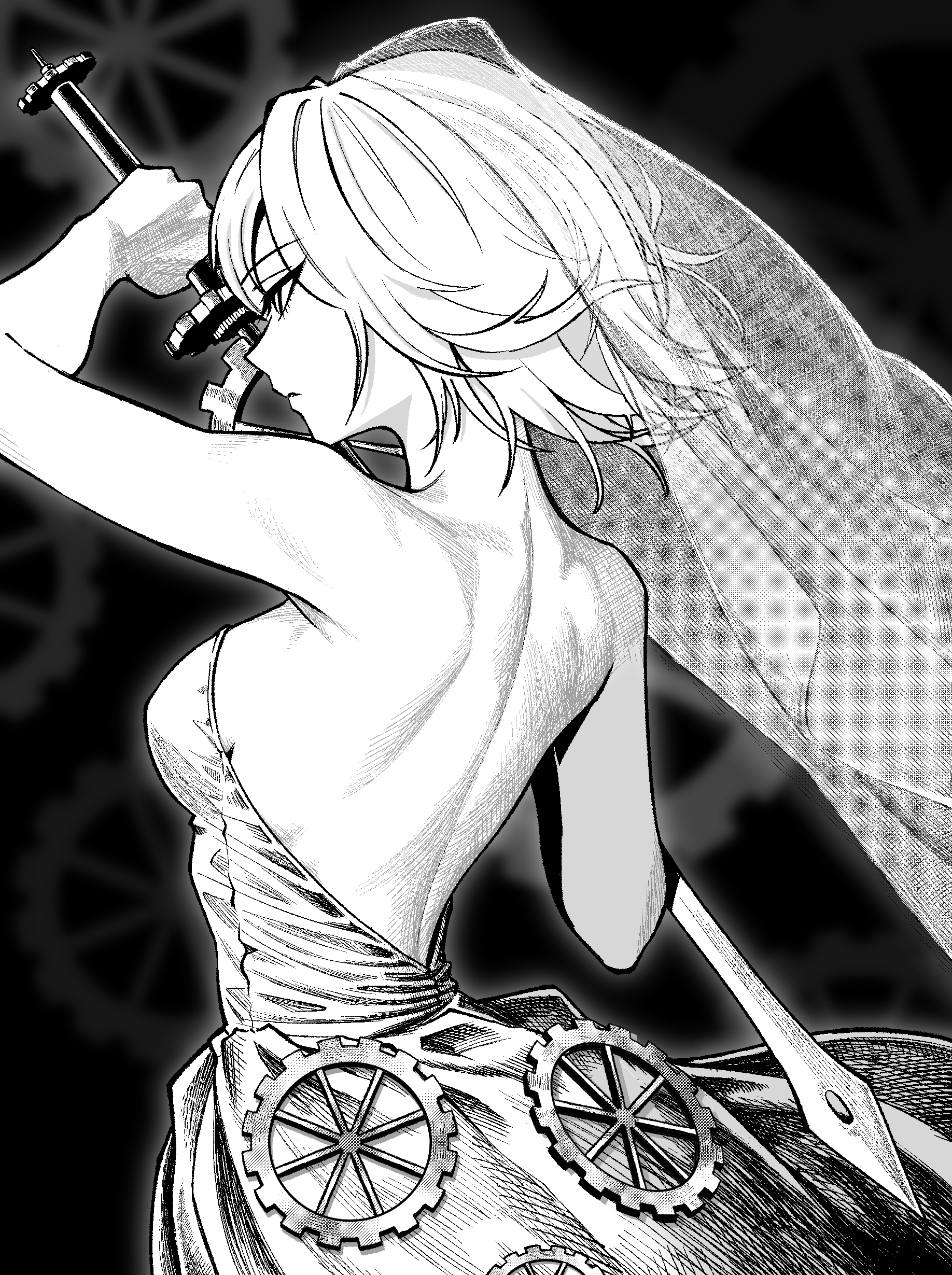 yaritoo, faust (project moon), limbus company, project moon, absurdres, highres, 1girl, bare back, black background, bridal veil, dress, everlasting (e.g.o), gears, greyscale, holding, holding weapon, looking to the side, monochrome, simple background, solo, upper body, veil, weapon, wedding dress, white dress, white hair