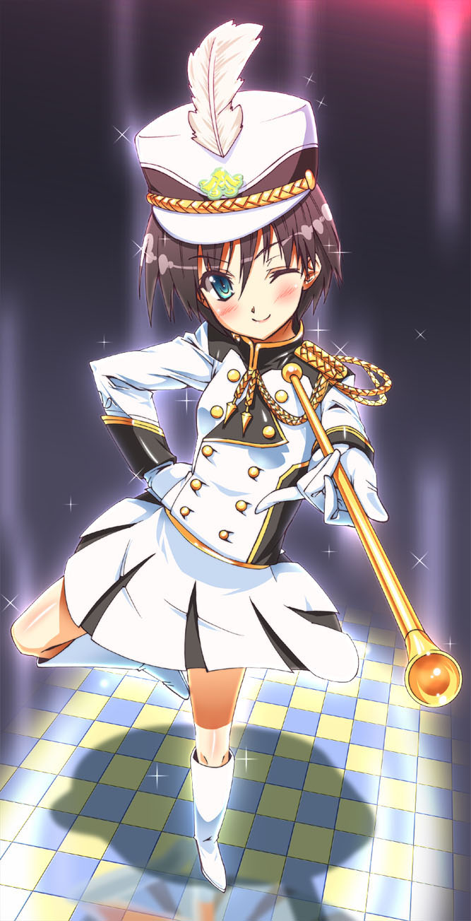 shinozuka atsuto, kikuchi makoto, idolmaster, idolmaster (classic), baton, highres, 00s, band uniform, black hair, blue eyes, blush, brown hair, feathers, green eyes, hat, majorette, marching band baton, one eye closed, pointing, shako cap, short hair, smile, solo, wink
