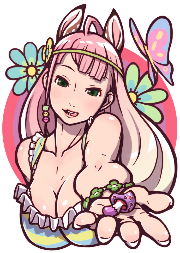 negishi hideto, 1girl, ahoge, animal ears, breasts, bug, butterfly, cleavage, deer ears, female focus, flower, foreshortening, green eyes, insect, large breasts, long hair, mushroom, pink hair, solo, tongue
