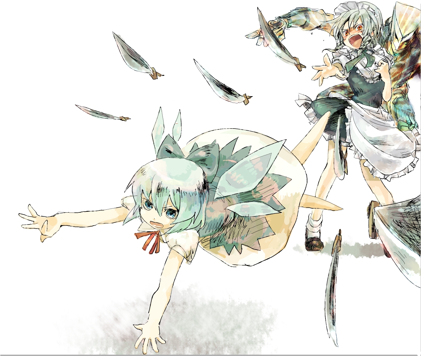 07cy, cirno, izayoi sakuya, the world, jojo no kimyou na bouken, touhou, 2girls, dress, female focus, flying, knife, maid, multiple girls, ribbon, short hair, stand (jojo), throwing knife, weapon, white background, wings