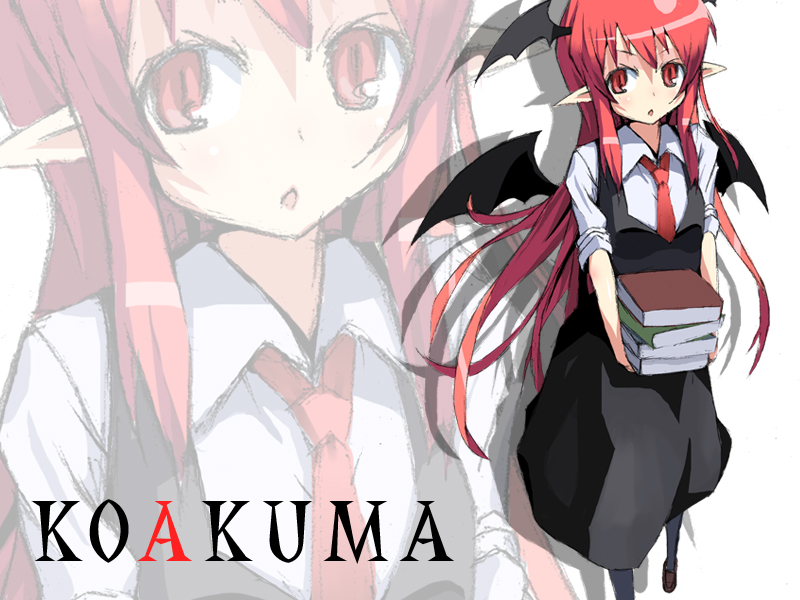 kasuga ayumu (artist), kasuga ayumu (haruhipo), koakuma, embodiment of scarlet devil, touhou, bad id, bad pixiv id, 1girl, book, female focus, head wings, kasuga (pixiv), long hair, red hair, solo, wings