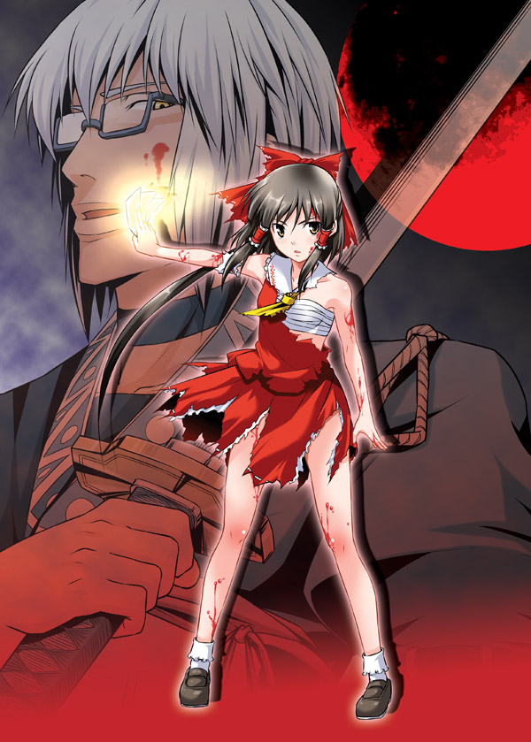 tomokichi, hakurei reimu, morichika rinnosuke, touhou, 1boy, 1girl, blood, cover, cover page, damaged, glasses, injury, japanese clothes, magic, miko, moon, sarashi, short hair, torn clothes