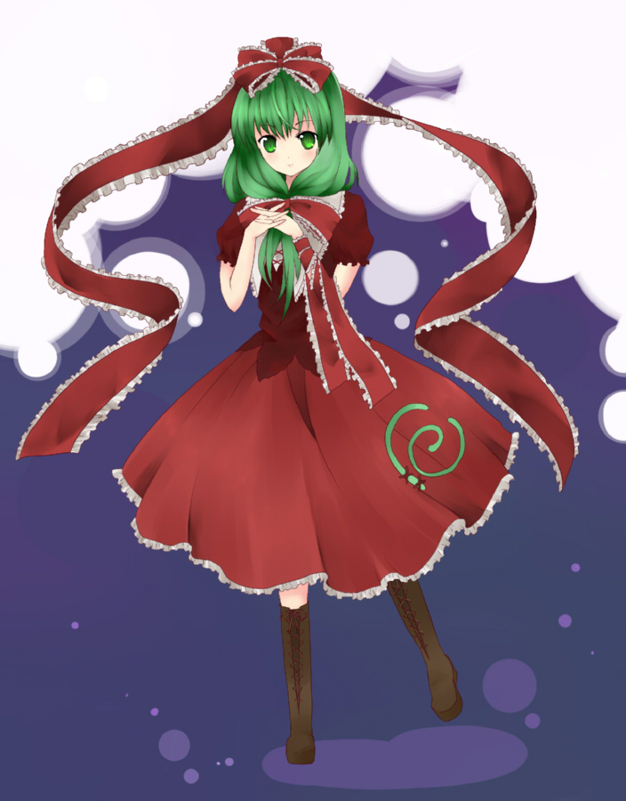 shigu, kagiyama hina, touhou, bad id, bad pixiv id, 1girl, female focus, front ponytail, full body, green eyes, green hair, long hair, ribbon, solo, standing
