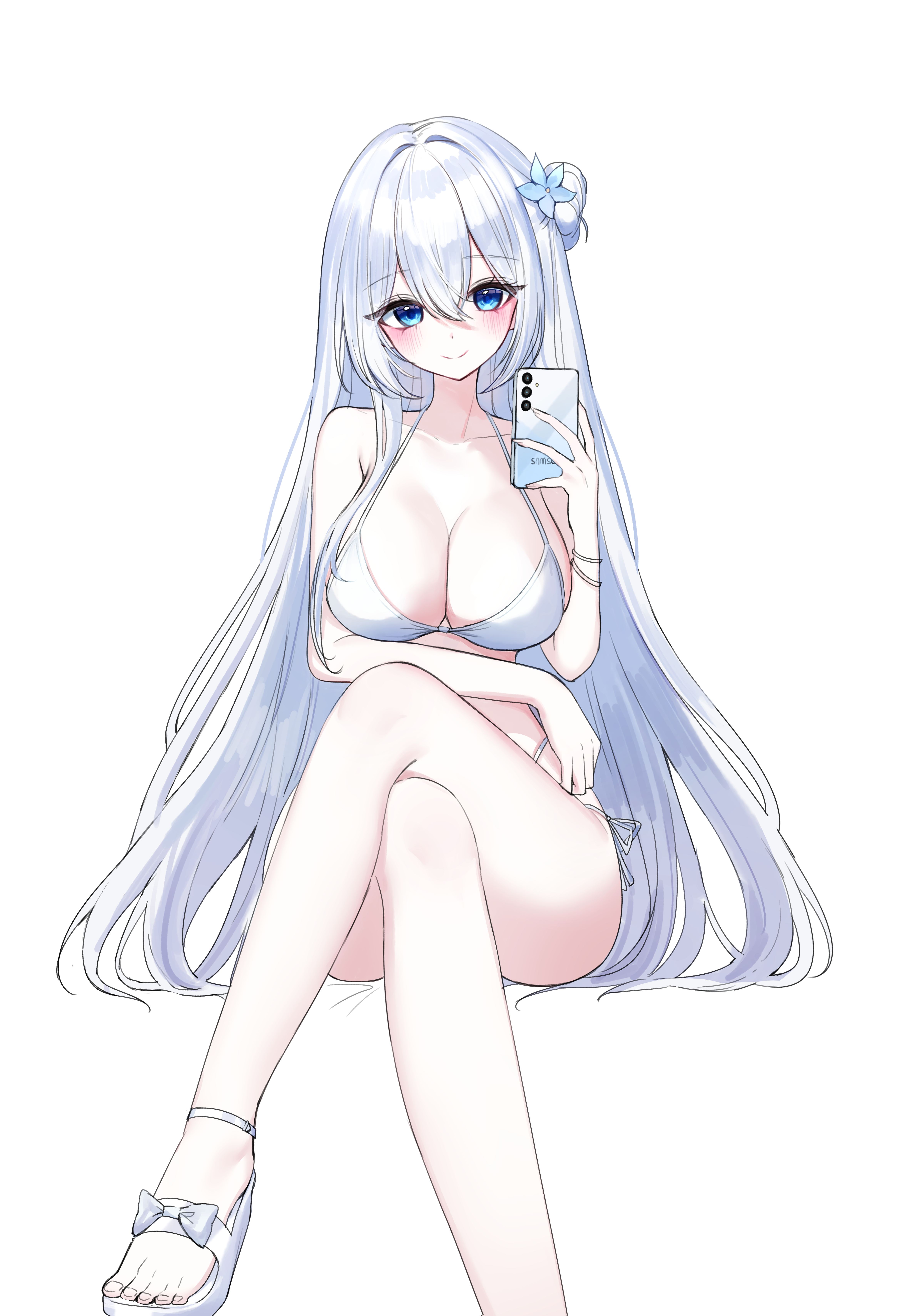 original, absurdres, commission, highres, second-party source, 1girl, bare arms, bare legs, bare shoulders, bikini, blue eyes, boong0619, breasts, cellphone, cleavage, closed mouth, collarbone, crossed legs, flower, hair between eyes, hair bun, hair flower, hair ornament, halterneck, hand up, harin (byeolbich), holding, holding phone, large breasts, long hair, looking at viewer, multi-strapped bikini bottom, phone, sandals, side-tie bikini bottom, simple background, single side bun, sitting, smartphone, smile, solo, string bikini, swimsuit, thighs, toes, very long hair, white background, white bikini, white hair