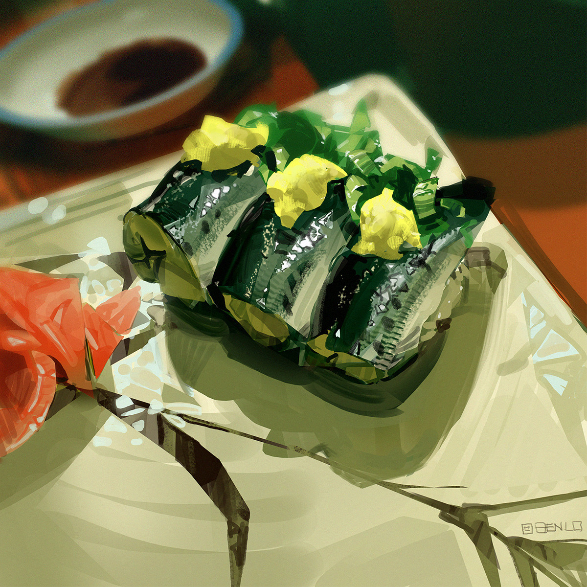 ben lo, original, highres, blurry, blurry background, bowl, depth of field, fish (food), food, food focus, from above, ginger root, nigirizushi, no humans, painterly, plate, soy sauce, sushi, wasabi