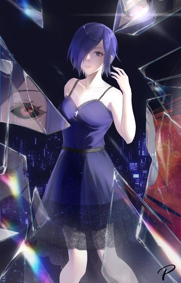 philip c, kirishima touka, tokyo ghoul, 1girl, artist name, bare arms, bare shoulders, black sclera, blue dress, blue eyes, breasts, broken glass, colored sclera, cross, dress, feet out of frame, glass, hair over one eye, hand up, looking at viewer, medium breasts, nail polish, night, outdoors, purple hair, red eyes, red nails, short hair, solo, teeth