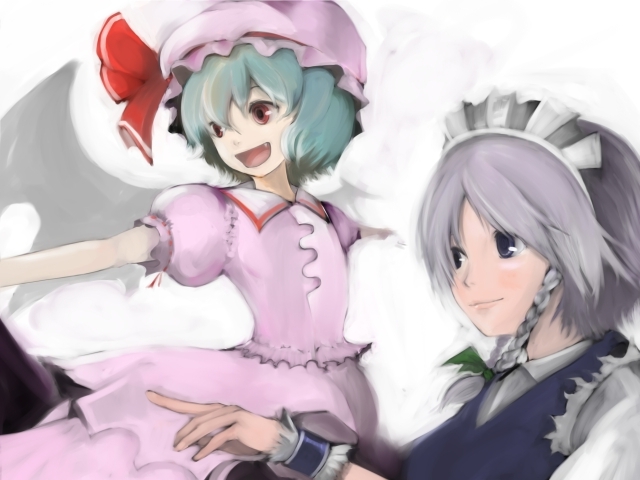 inoe, inoe (noie), izayoi sakuya, remilia scarlet, touhou, bad id, bad pixiv id, 2girls, blue hair, breasts, fang, female focus, hat, maid, multiple girls, ribbon, skirt, white background, wings