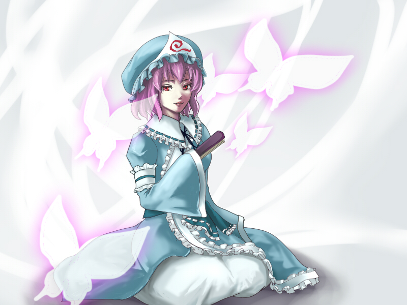 zuu (turedure), saigyouji yuyuko, touhou, 1girl, bug, butterfly, female focus, folded fan, folding fan, hand fan, hat, insect, japanese clothes, kimono, pink hair, seiza, short hair, sitting, solo