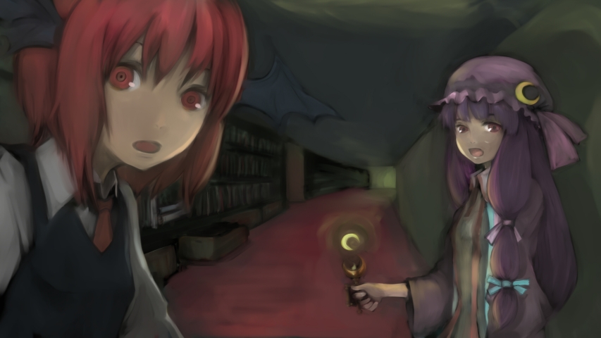 inoe, inoe (noie), koakuma, patchouli knowledge, embodiment of scarlet devil, touhou, bad id, bad pixiv id, 2girls, female focus, hat, head wings, library, long hair, mob cap, multiple girls, open mouth, purple hair, red hair, ribbon, voile, wings