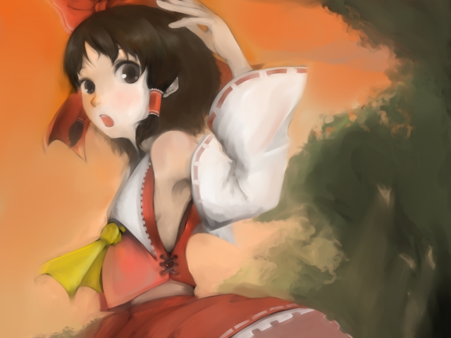 inoe, inoe (noie), hakurei reimu, touhou, bad id, bad pixiv id, 1girl, female focus, japanese clothes, miko, nature, outdoors, plant, ribbon, skirt, sky, solo