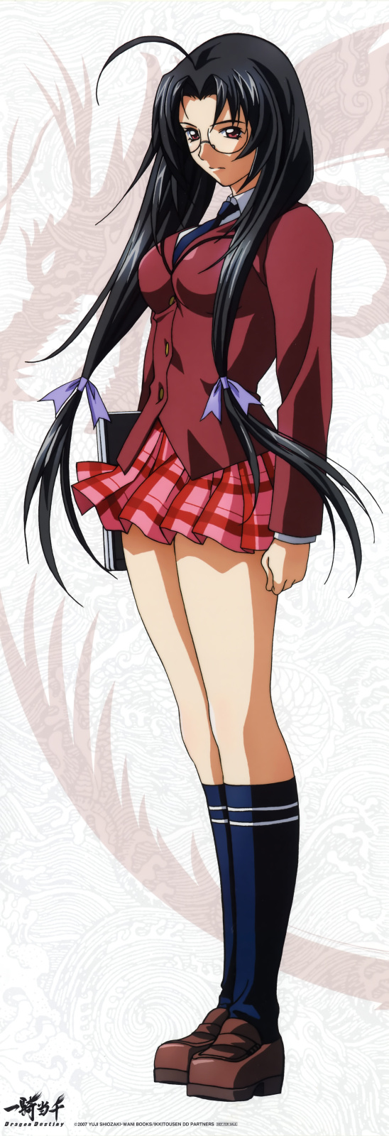 kaku bunwa, ikkitousen, ikkitousen dragon destiny, highres, long image, scan, tall image, 00s, 1girl, ahoge, arms at sides, black hair, blouse, blue necktie, blue socks, book, brown shoes, collared shirt, copyright name, dated, female focus, from side, full body, glasses, kneehighs, legs together, loafers, long hair, low-tied long hair, miniskirt, necktie, plaid clothes, plaid skirt, red eyes, ribbon, school uniform, shirt, shoes, skirt, socks, solo, standing, twintails, very long hair, white background, white shirt