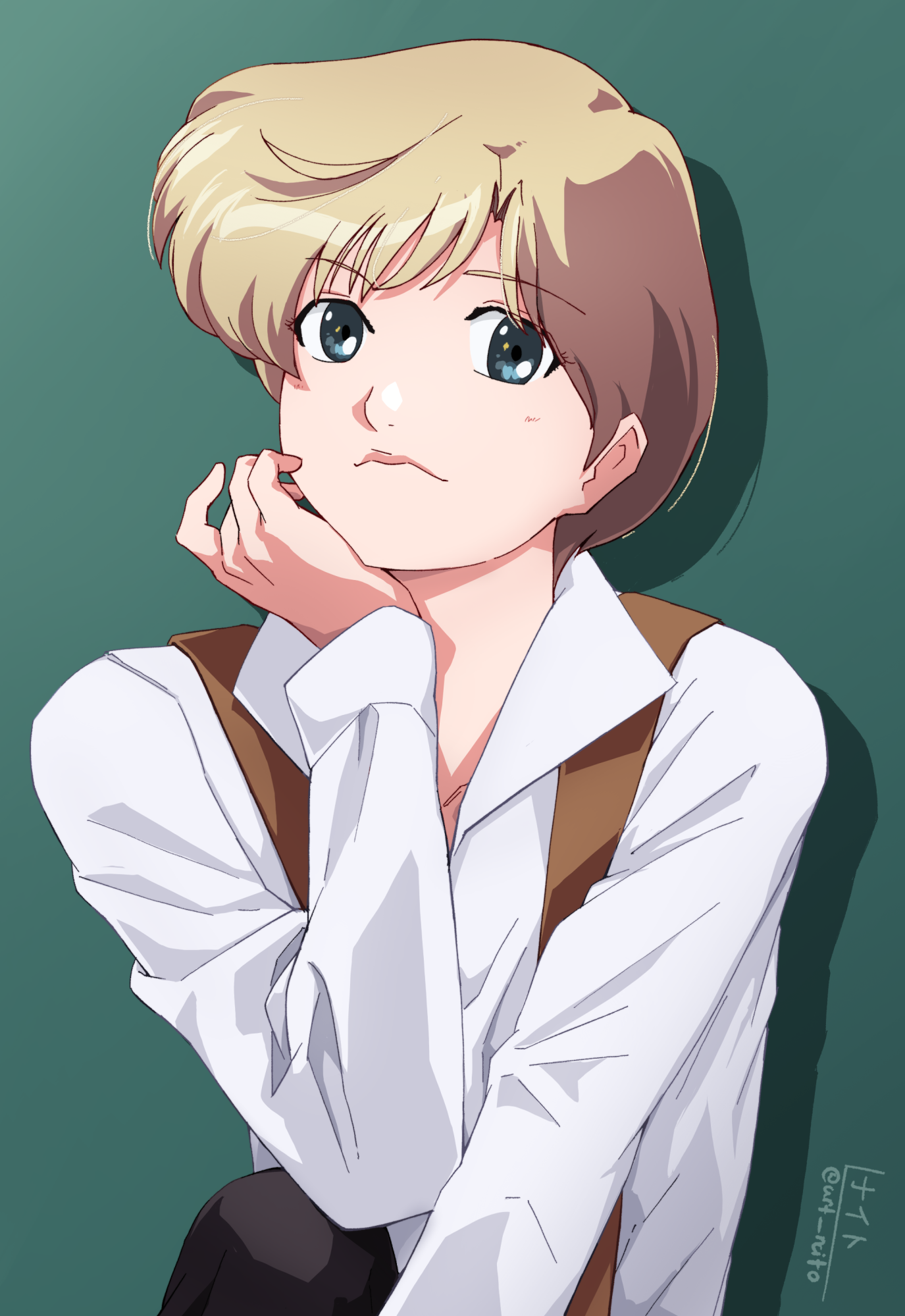nightstark, ten'ou haruka, bishoujo senshi sailor moon, highres, 1girl, black pants, blonde hair, blue eyes, dress shirt, head rest, lips, looking at viewer, open clothes, open vest, pants, shirt, short hair, simple background, solo, vest, white shirt