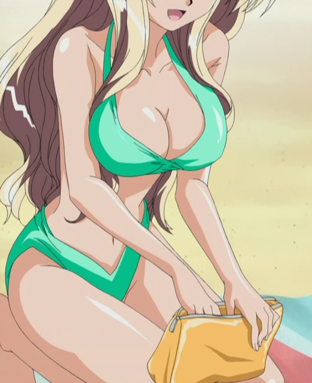 kagura hinata, h2o footprints in the sand, anime screenshot, stitched, third-party edit, 00s, 1girl, bag, bikini, blonde hair, breasts, cleavage, female focus, green bikini, handbag, large breasts, solo, swimsuit