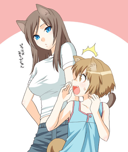 mattaku mousuke, original, 2girls, animal ears, blue eyes, brown eyes, brown hair, cat ears, cat tail, dog ears, multiple girls, short hair, surprised, tail